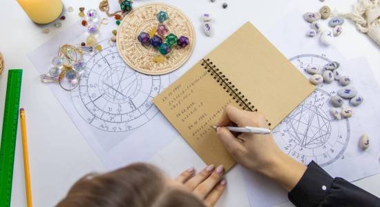 Woman numerologist astrologer counts numbers. Selective focus. People.